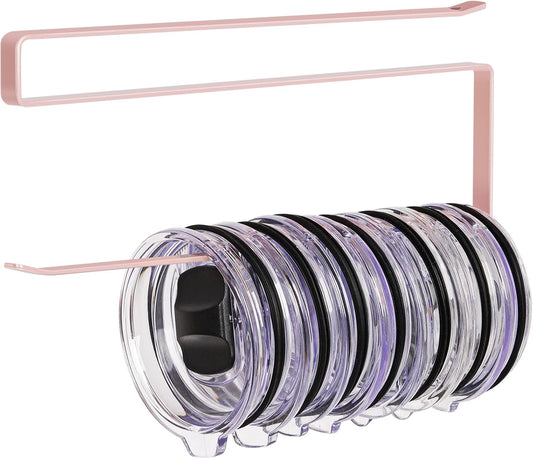 Tumbler Lid Organizer, Horizontal Tumbler Lid Storage Hook Up to 10 Lids, Space Saving Cup Lid Holders Under Cabinet Tumbler Lid Hook for Kitchen Organizer and Storage, Paper Towel Rack Hanger (Pink)
