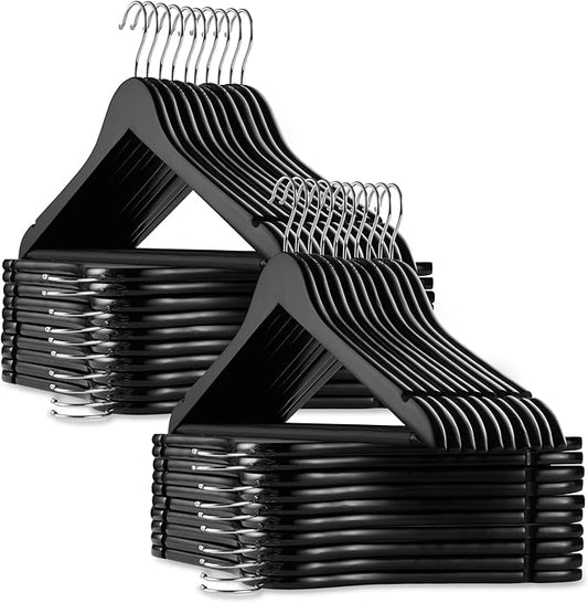 Casafield - 40 Black Wooden Suit Hangers - Premium Lotus Wood with Notches & Chrome Swivel Hook for Dress Clothes, Coats, Jackets, Pants, Shirts, Skirts