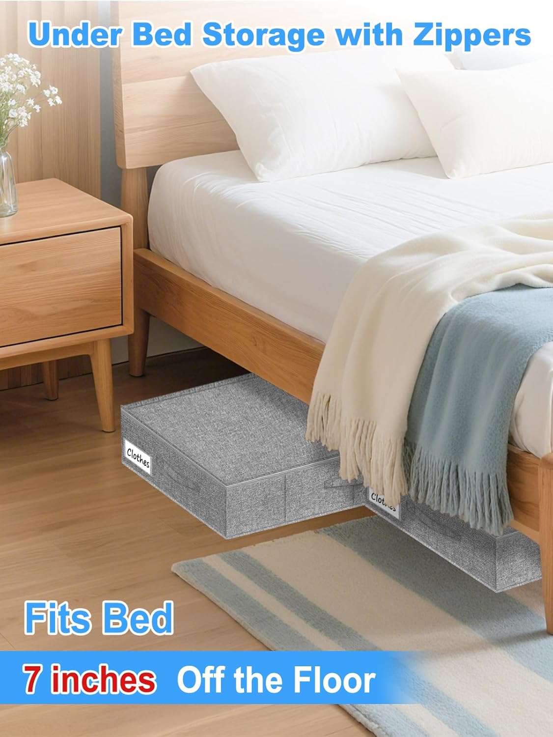 Under Bed Storage Container, 7" Tall Underbed Storage Bin with Rigid Sides & Bottom, Large Under-Bed Clothes Organizer with Zippered Lid for Bedroom, Dorm, Sofa, 30x15x6.7, Grey