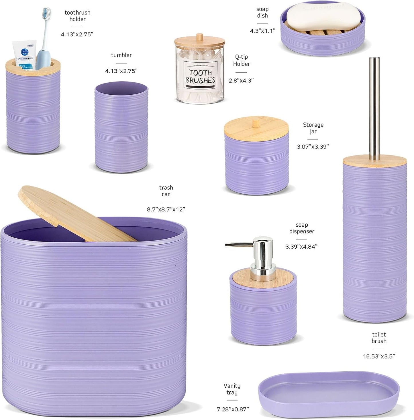 IMAVO Bathroom Accessory Set-11Pcs Purple Bathroom Accessories Set with Trash Can,Soap Dispenser,Soap Dish,Toothbrush Holder,Toothbrush Cup,Toilet Brush Set ,Qtip Holder Dispenser with Labels
