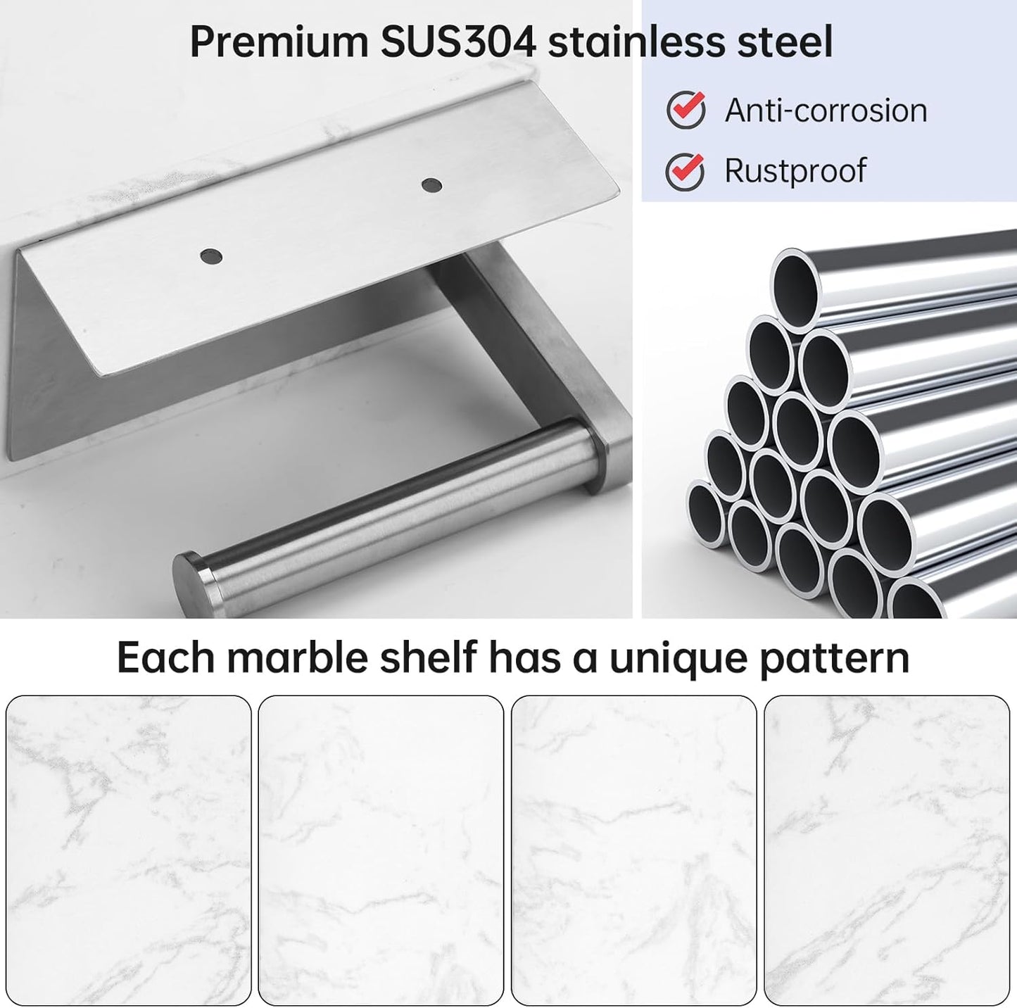 Toilet Paper Holder with Marble Shelf, SUS304 Stainless Steel Wall Mounted Toilet Paper Holder and 2 PCS Free Adhesive Hooks for Bathroom Washroom