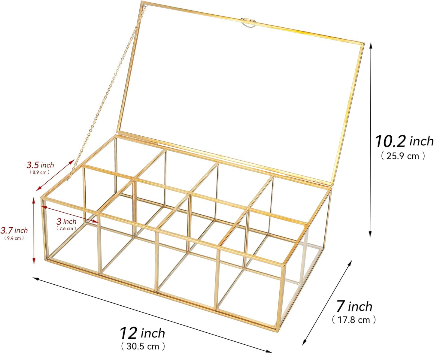 Glass Tea Bag Organizer with 8 Compartments, Handmade Large Tea Bag Storage Box for Counter Kitchen, Tea Bag Holder,Tea Storage Containers with Lid,Tea Accessories Gifts for Tea Drinkers,Gold