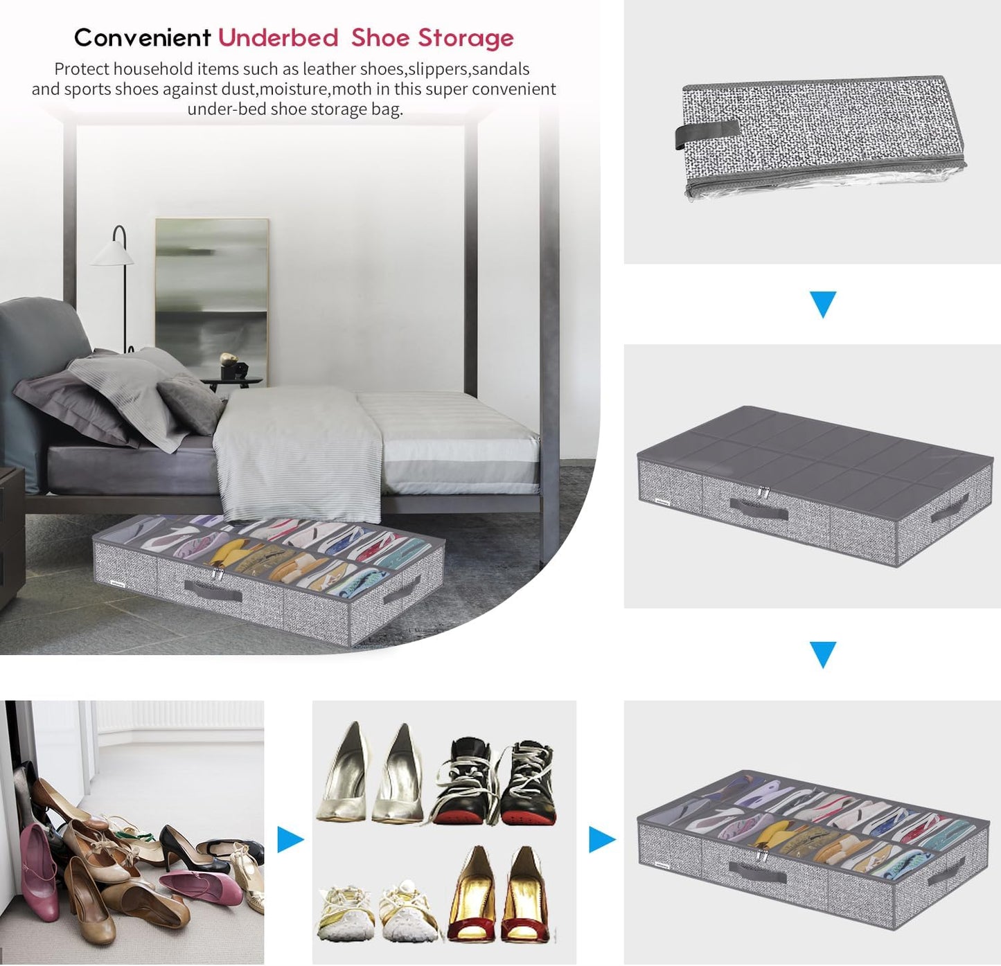 Onlyeasy Sturdy Under Bed Shoe Storage Organizers with Handles & Clear Window (16 to 32 Pairs) 2 Pack, Closet Shoes Containers Boxes for Kids & Adults, 37.7"x23.6"x5.9", Linen-like Grey, MXDUBS16P2