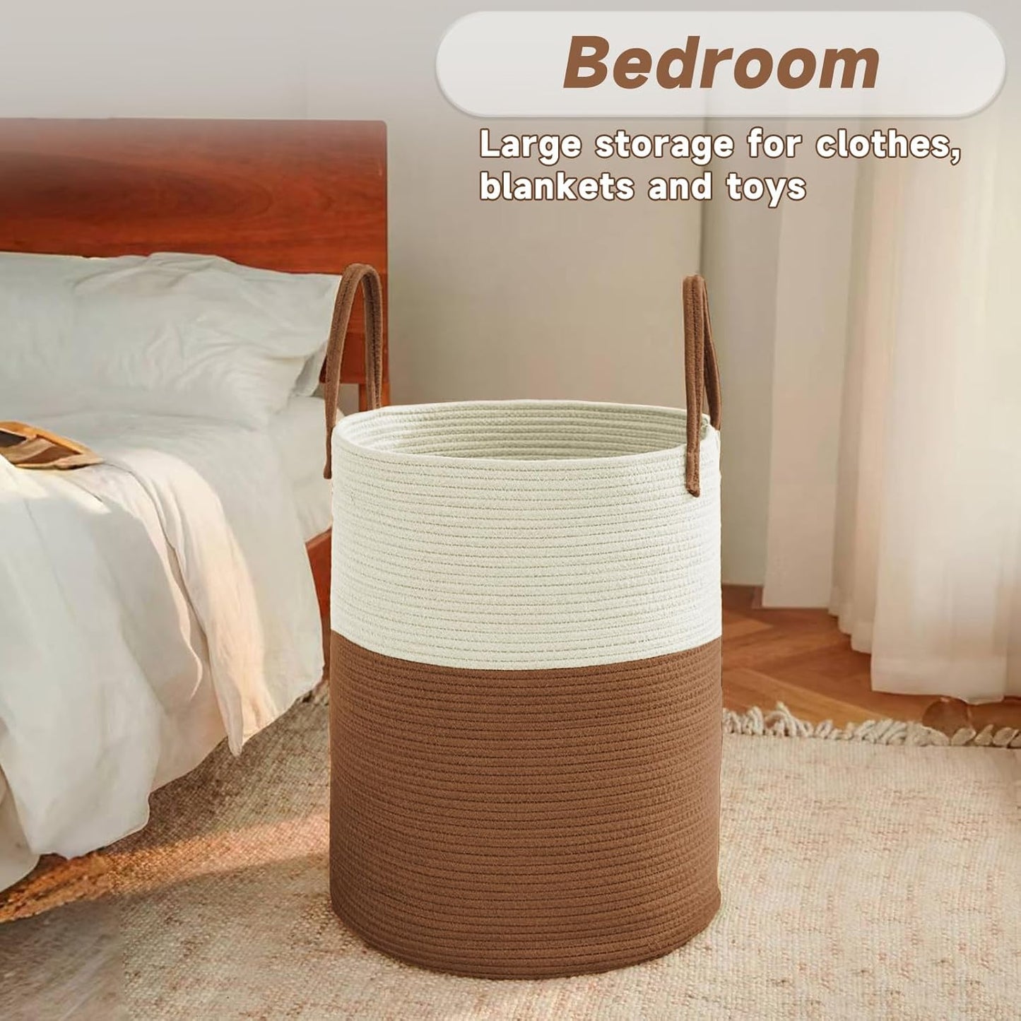 Large Woven Laundry Basket Hamper,60L Cotton Rope Storage Bin for Blankets,Toys and Clothes,Decorative Tall Nursery Hamper for Living Room,Baby Nursery,Bathroom and Bedroom,White and Brown