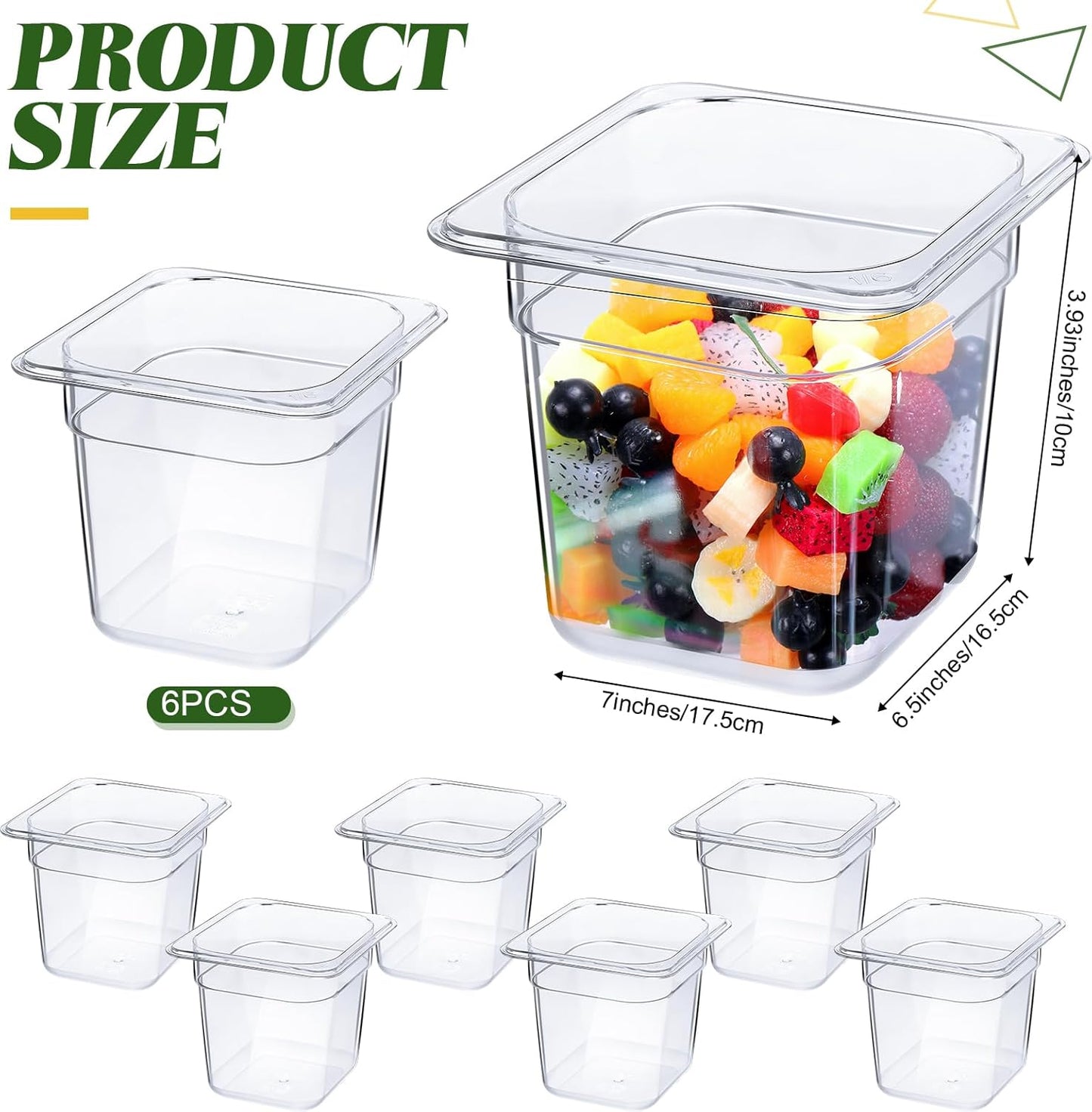 Yinder 6 Pcs Plastic Clear Food Pans 1/6 Size Stackable Polycarbonate Food Containers with Capacity Indicator Restaurant Commercial Hotel Pan for Fruits Vegetables Beans Corns (4'' Deep)