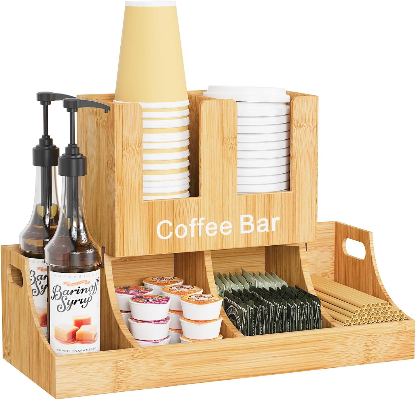 Coffee Station Organizer, Bamboo Coffee Bar Organizer for Countertop, Condiment and Cup Storage Organizer, Bar Accessories for Kitchen, Office, Home, Brown