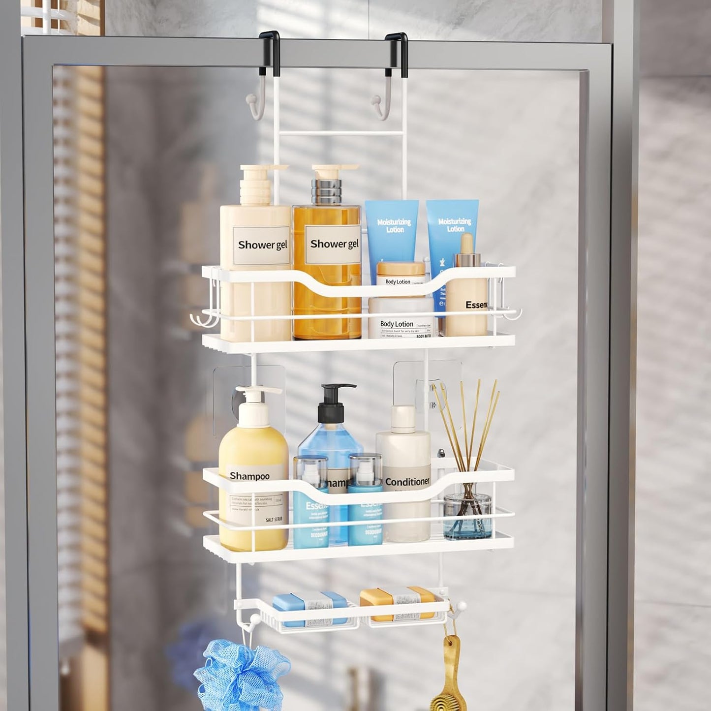 Consumest Over The Door Shower Caddy - 3 Tier Shower Organizer Hanging with Soap Holders, Large Capacity Shower Shelves with 6 Hooks, Bathroom Rack and Storage, White