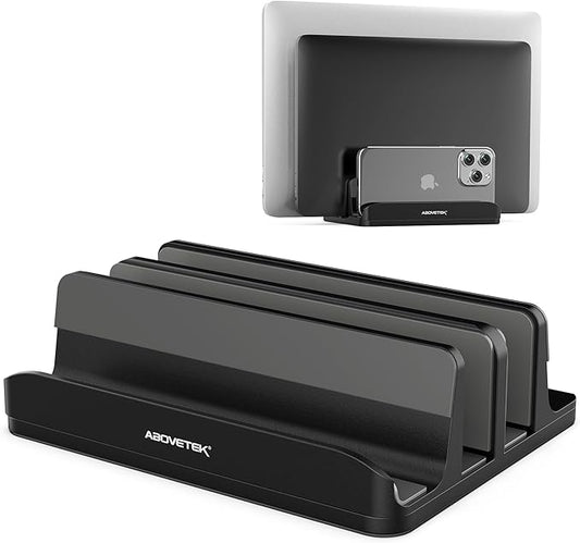 AboveTEK Vertical Laptop Stand Holder, 3 Slots Aluminum Desk Stand with Adjustable Dock Size for Tablet, MacBook, Phone - Universal Fit (up to 17.3") - Heavy Duty Polished, Anti Slide - Black