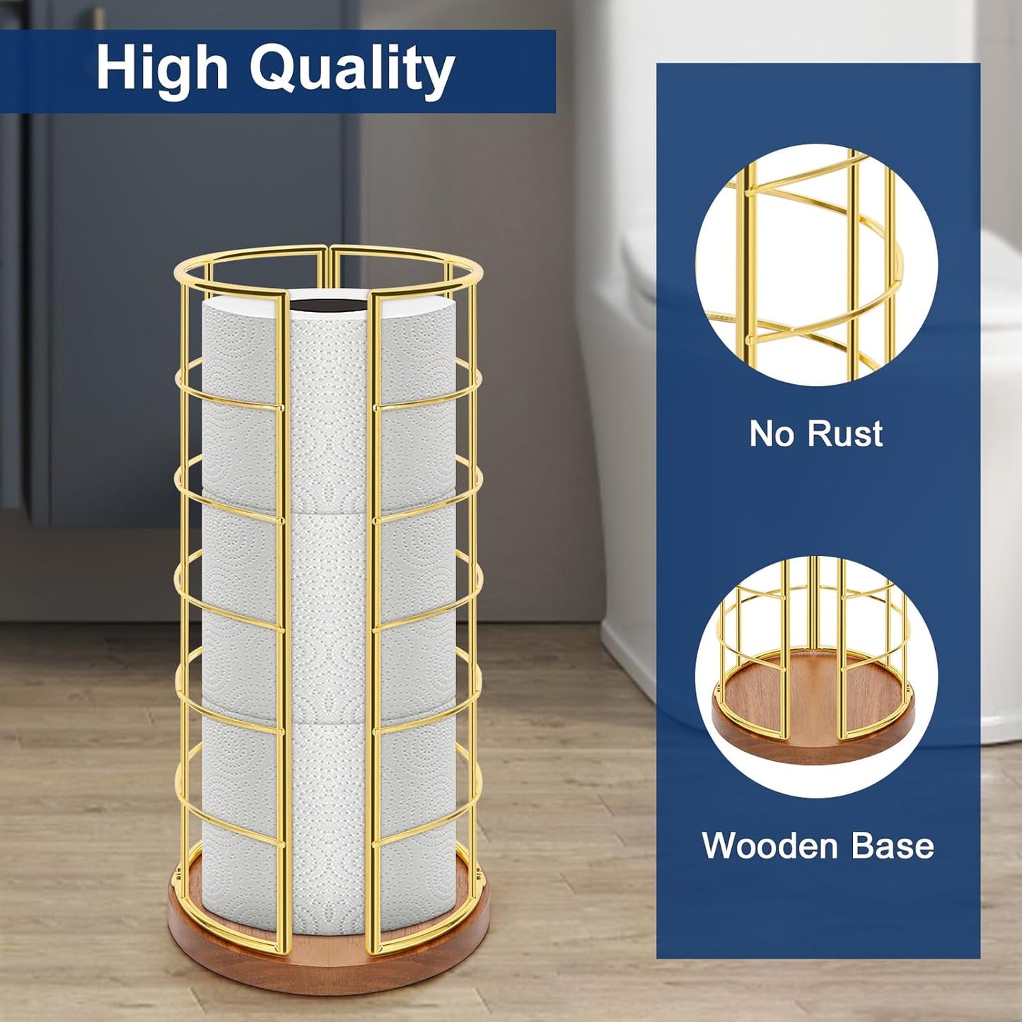 NearMoon Toilet Paper Organizer Stand, Freestanding 3 Rolls Tissue Storage, Metal Bathroom Accessory, Rustproof Toilet Roll Holder for Kitchen Countertop Inside Cabinet Shelf(Wooden Base, Gold)