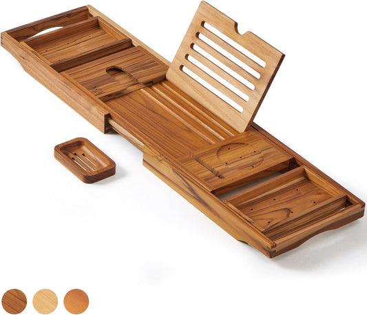 XcE Teak Bathtub Tray Expandable to 105cm with Solid Book Stand and Soap Tray, Teak