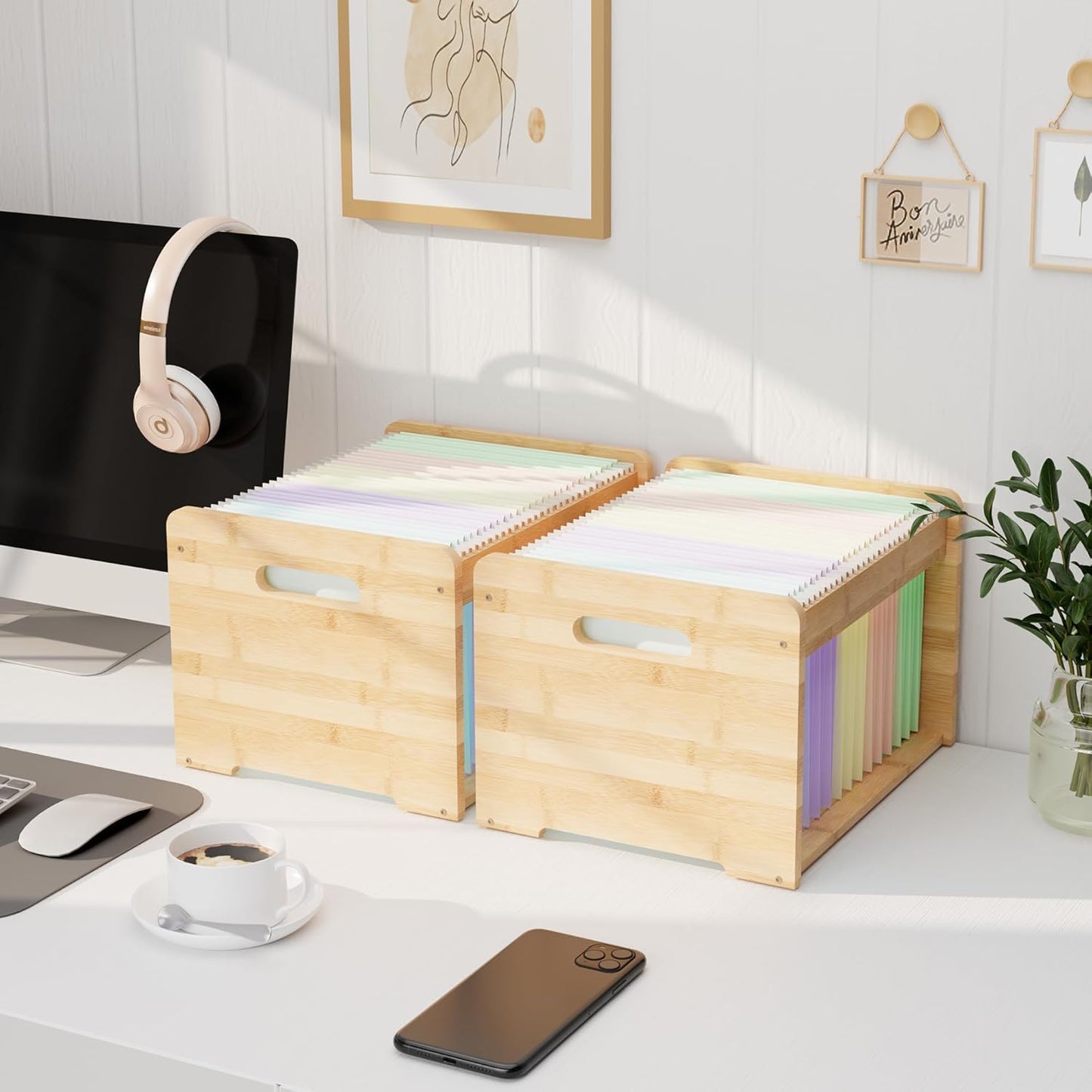 2 Pack Bamboo Hanging File Organizer, Office Desk File Organizer for Letter Size, Wood Hanging File Folders Organizer Record Holder Storage Stand Bookshelf Easy Assembly, Natural