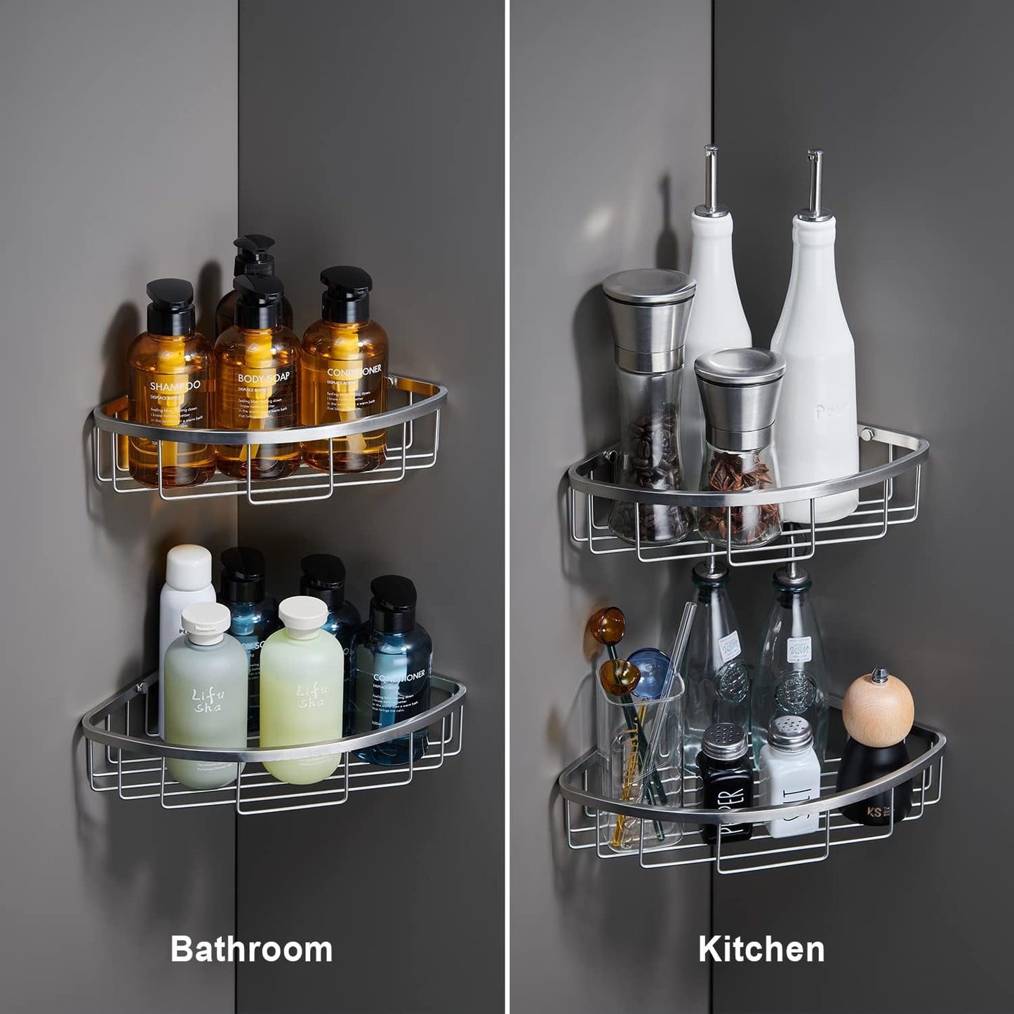Corner Shower Caddy Organizer, SUS304 Stainless Steel Heavy Duty Rust-Proof Shelf Shampoo Holder, Wall Mounted Storage Rack for Bathroom Kitchen, 2 Packs Brushed Nickel