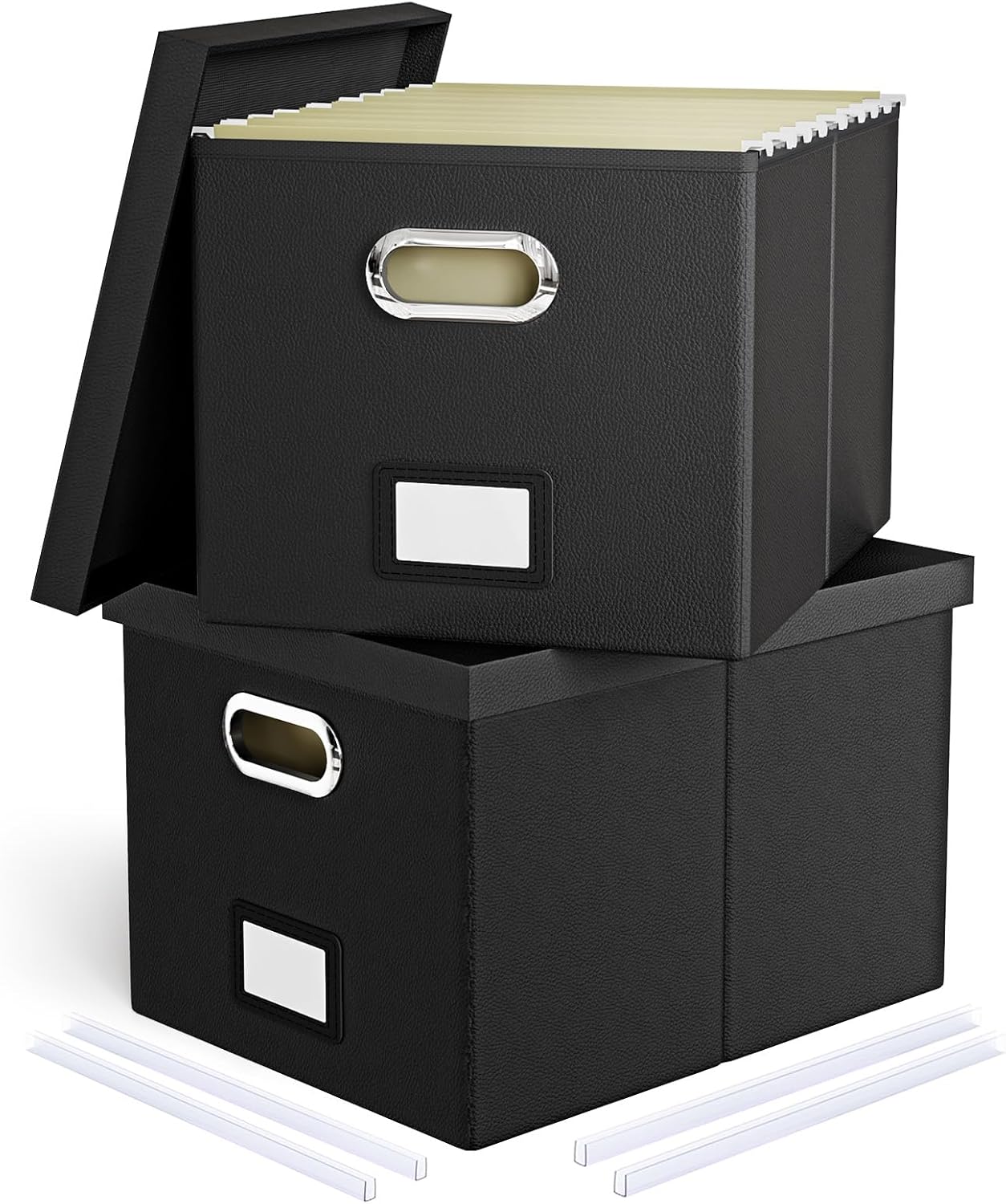 2 Pack File Storage Organizer Box, Portable Filing With Lid, Fit for Letter/Legal Folder Storage, Black (Leather)