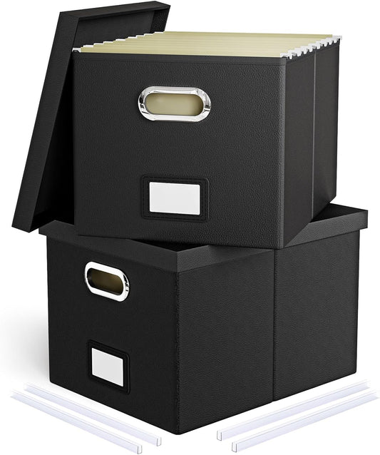 2 Pack File Storage Organizer Box, Portable Filing With Lid, Fit for Letter/Legal Folder Storage, Black (Leather)