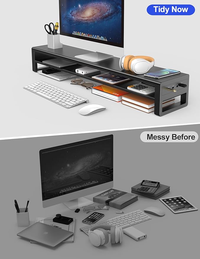 2 Tiers Dual Monitor Stand with 4 USB 3.0 Hub Ports, Double Monitor Riser, Metal Desk Stand with Storage, Long Screen Raiser for 2 Monitors/PC/Laptop/Computer Space Saver Organizer Office Home School