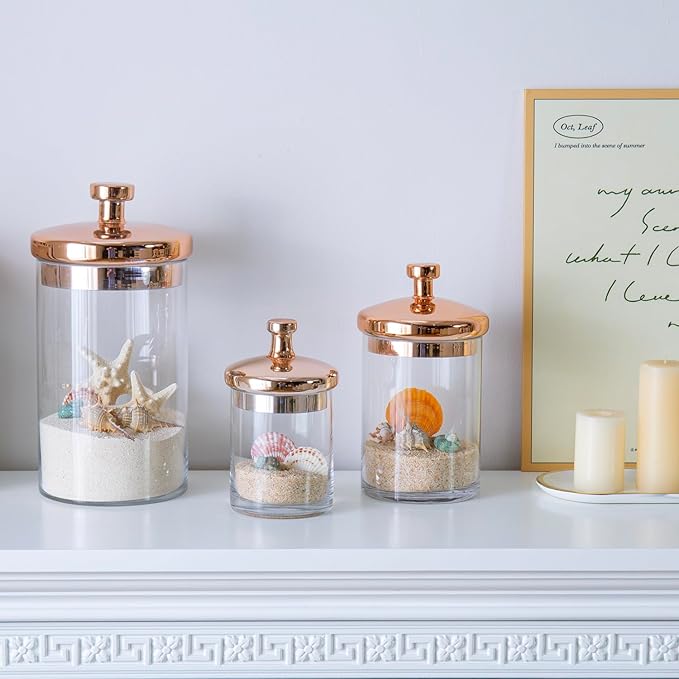 MyGift Glass Apothecary Cookie Jar Set with Copper Lid - Decorative Kitchen and Bath Storage Canisters, Wedding Centerpiece Jars, Candy Buffet with Lids