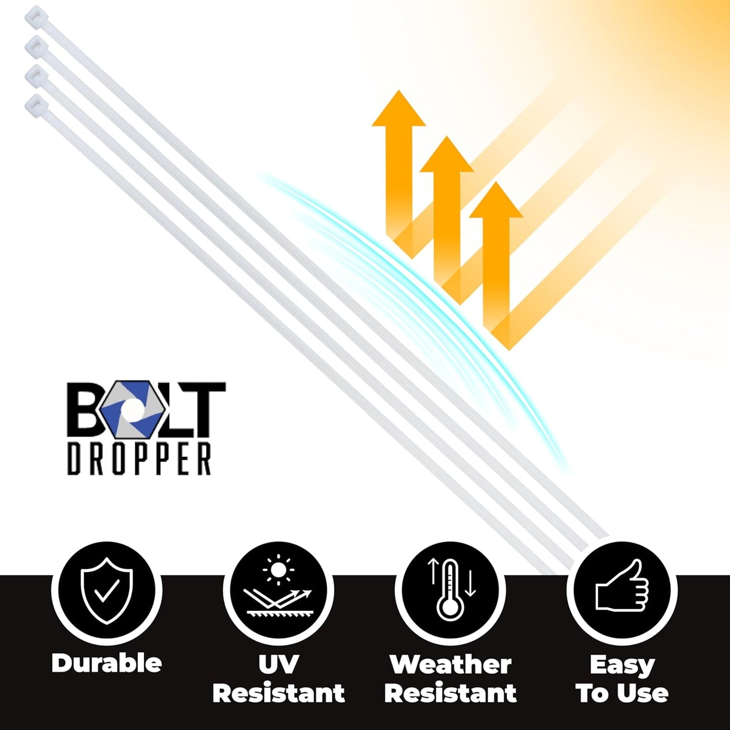 Bolt Dropper 11-Inch White Zip Ties, 1000-Pack - Heavy Duty Self-Locking Nylon Cable Ties with 50 lbs Tensile Strength - Indoor and Outdoor Cable Management Wire Tie - UV Resistant Zip Tie Wraps