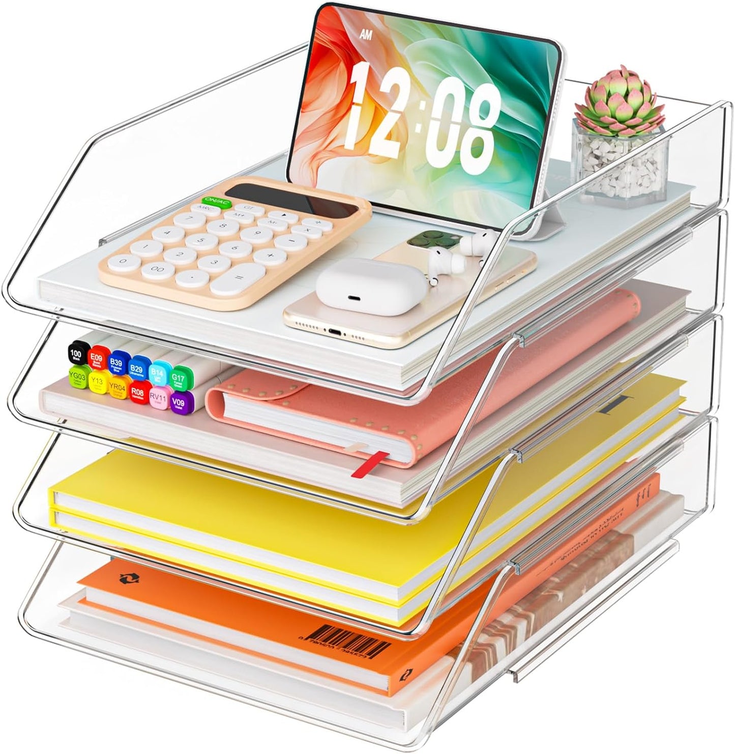 YKLSLH 4 Tier Paper Organizer Letter Tray - Acrylic Stackable Desk File Organizer, Clear Paper Sorter Office Organizer for Letter/A4, Office File Ipad Books Notes Etc