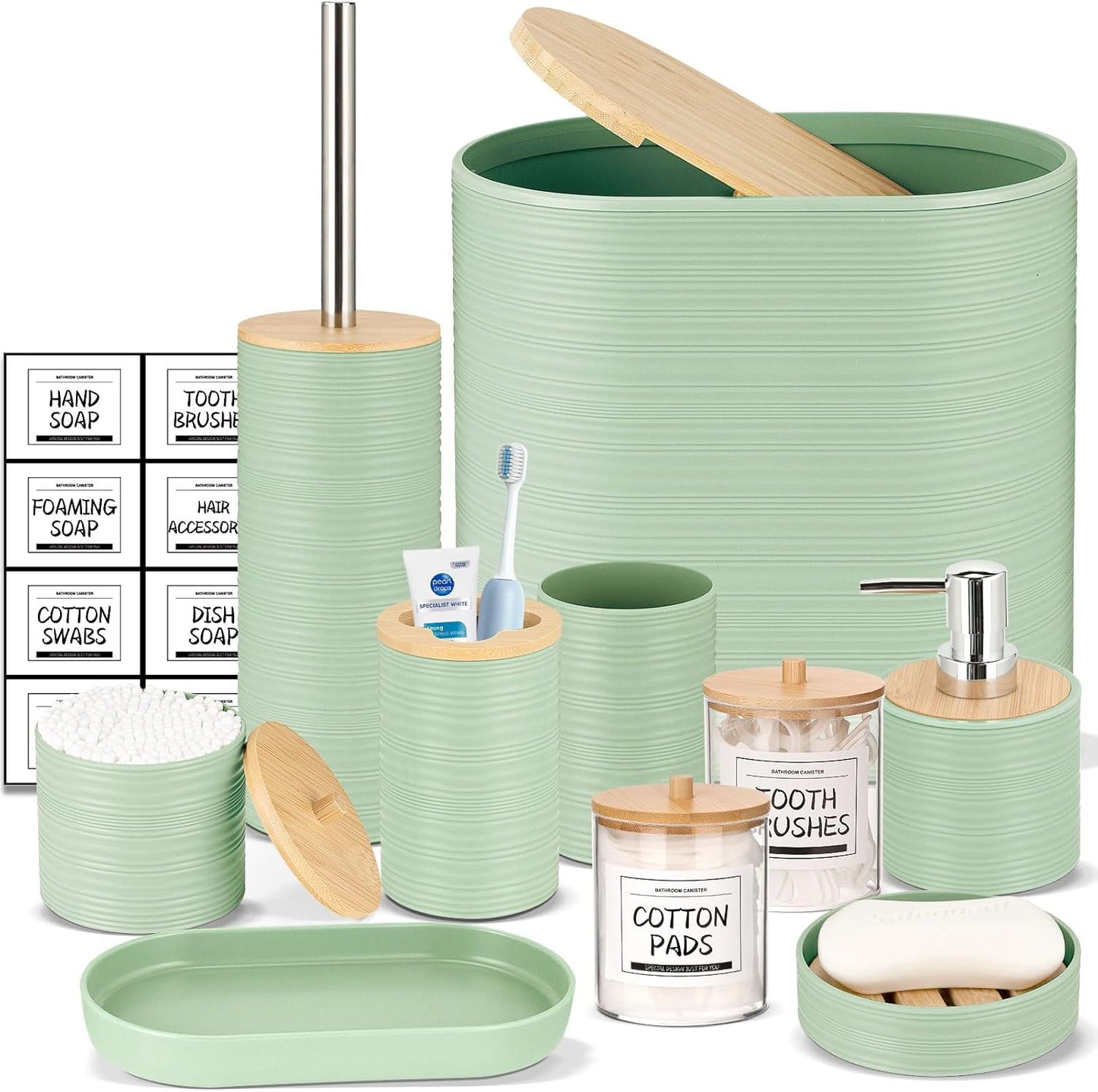 IMAVO Bathroom Accessory Set-11Pcs Green Bathroom Accessories Set with Trash Can,Soap Dispenser,Soap Dish,Toothbrush Holder,Toothbrush Cup,Toilet Brush Holder,Qtip Holder Dispenser with Labels