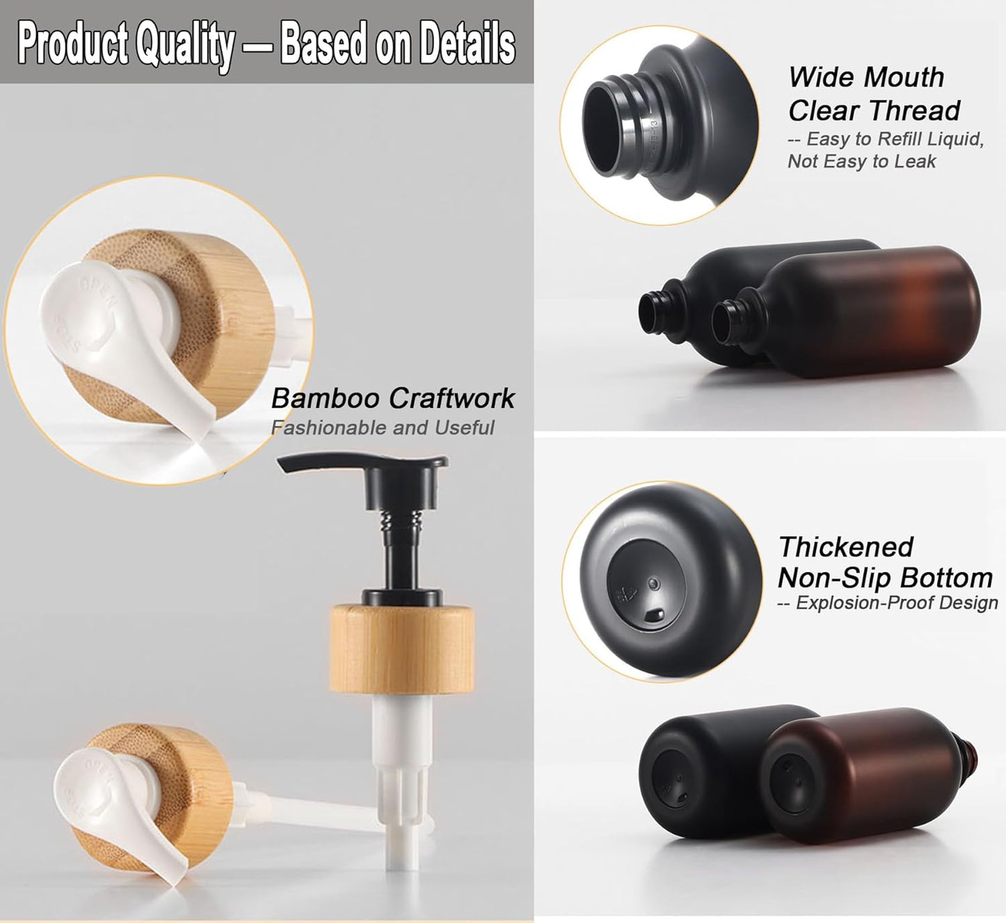 Frosted Heavy Duty Shampoo and Conditioner Bottles, Apothecary Dispenser Bamboo Pump, Refillable Shampoo Bottles for Shampoo Lotion Oil Shower Soap Hand Soap and Dish Soap (Matte Black)