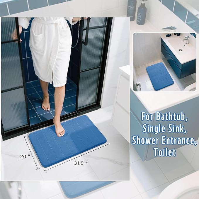 Yimobra Memory Foam Bath Mat, Super Soft Absorbent Bathroom Rug Non Slip 31.5x20 Inch, Quick Dry, Machine Washable Floor Carpet for Tub Shower, Home Decor Accessories, Blue