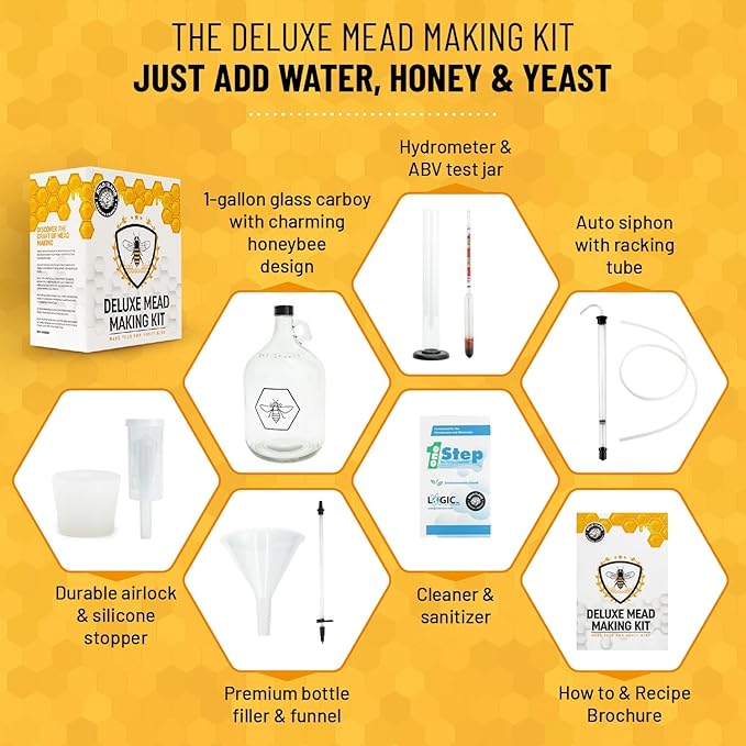 Complete Mead Making Kit - Includes 1-Gallon Glass Fermentation Jar, Auto Siphon, Hydrometer, Alcohol Percentage Tester Jar, Bottle Filler, Airlock, Plug, Funnel, No-Rinse Cleanser & How-To Guide