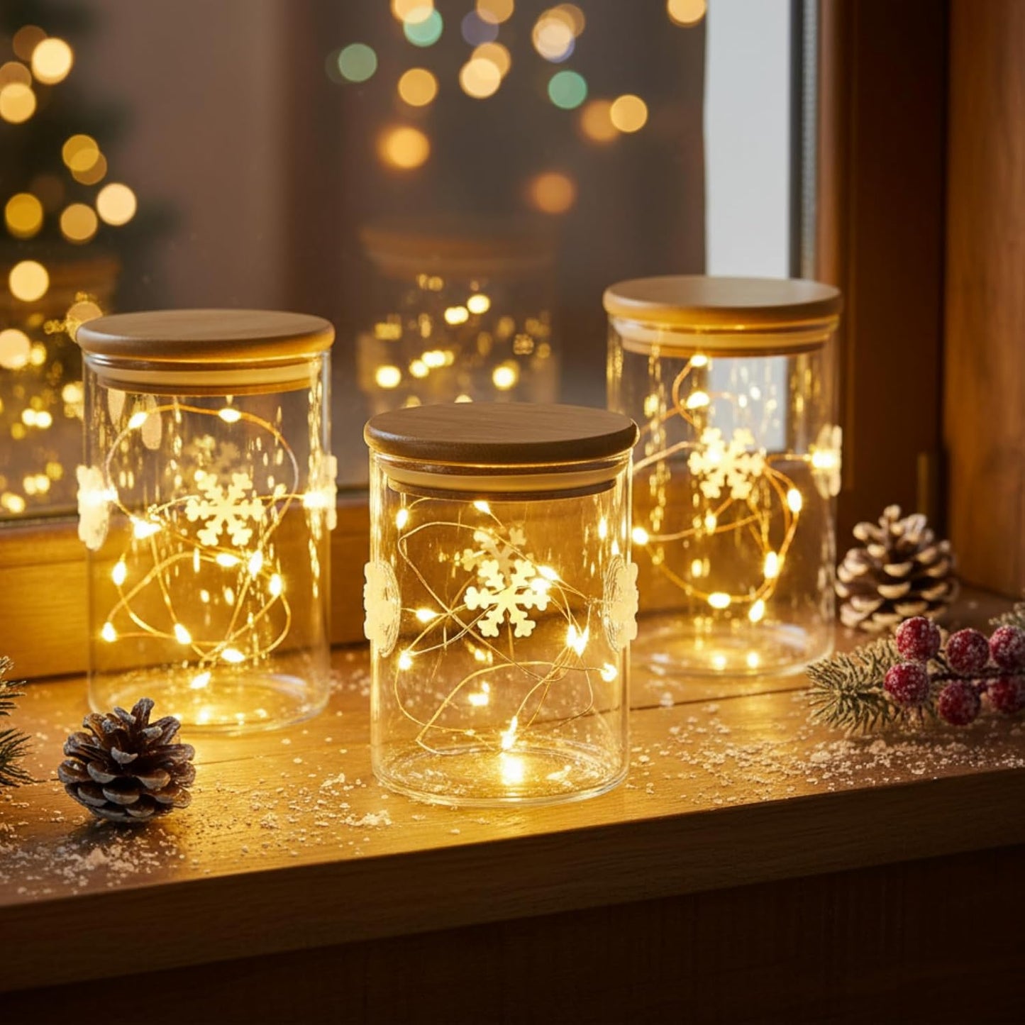 3 Pcs Christmas Icon Glass Storage Jars with Airtight Bamboo Lid White Snowflake Christmas Icon Glass Jars Canister Set for Home Winter Xmaskitchen Countertop