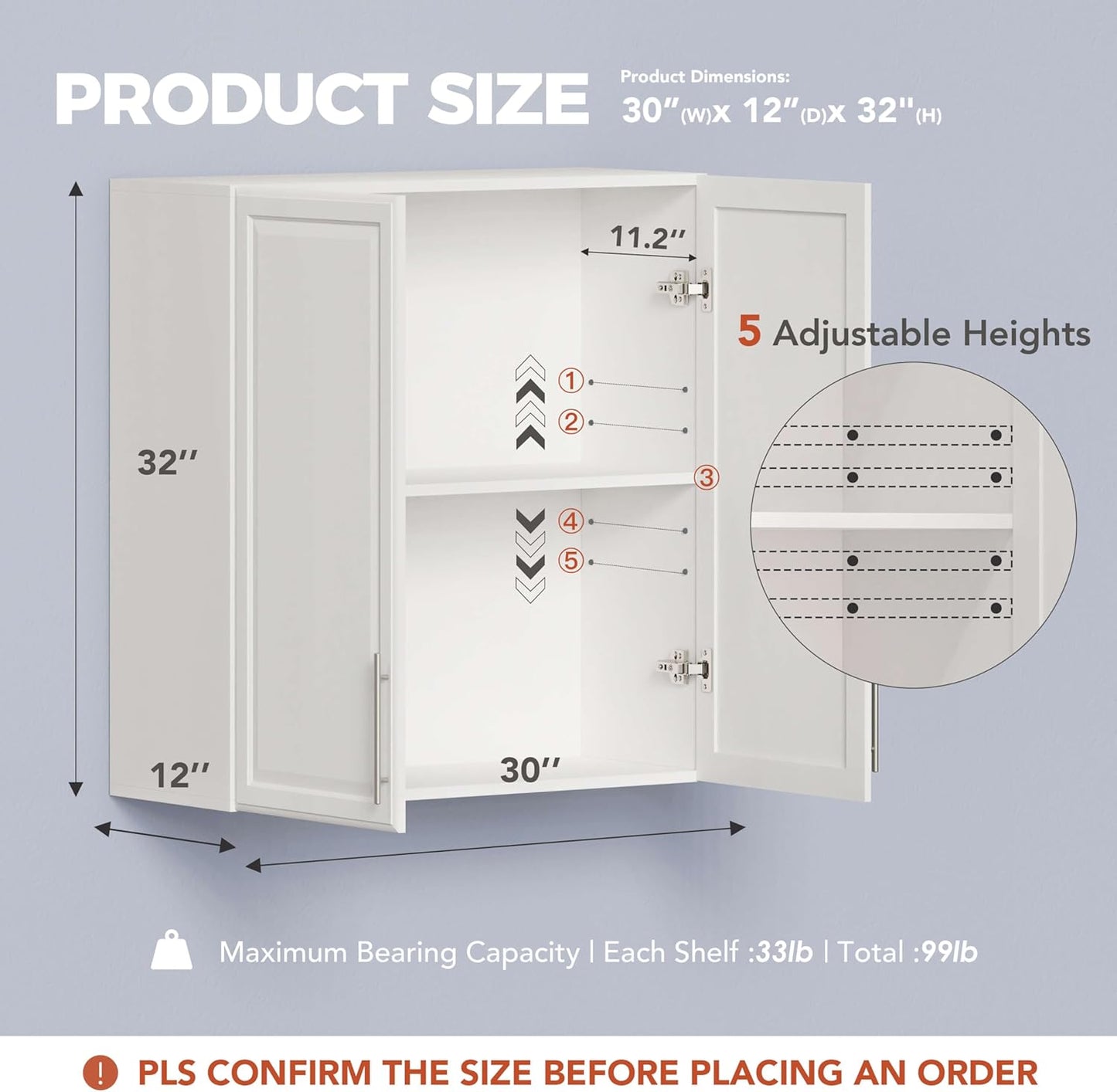 Laundry Room Wall Cabinet with Adjustable Shelf,Wall Mounted Kitchen Cabinets with Two Shaker Doors,Upper Storage for Laundry Room, Bathroom, Kitchen 30”W X 12" D X32 H