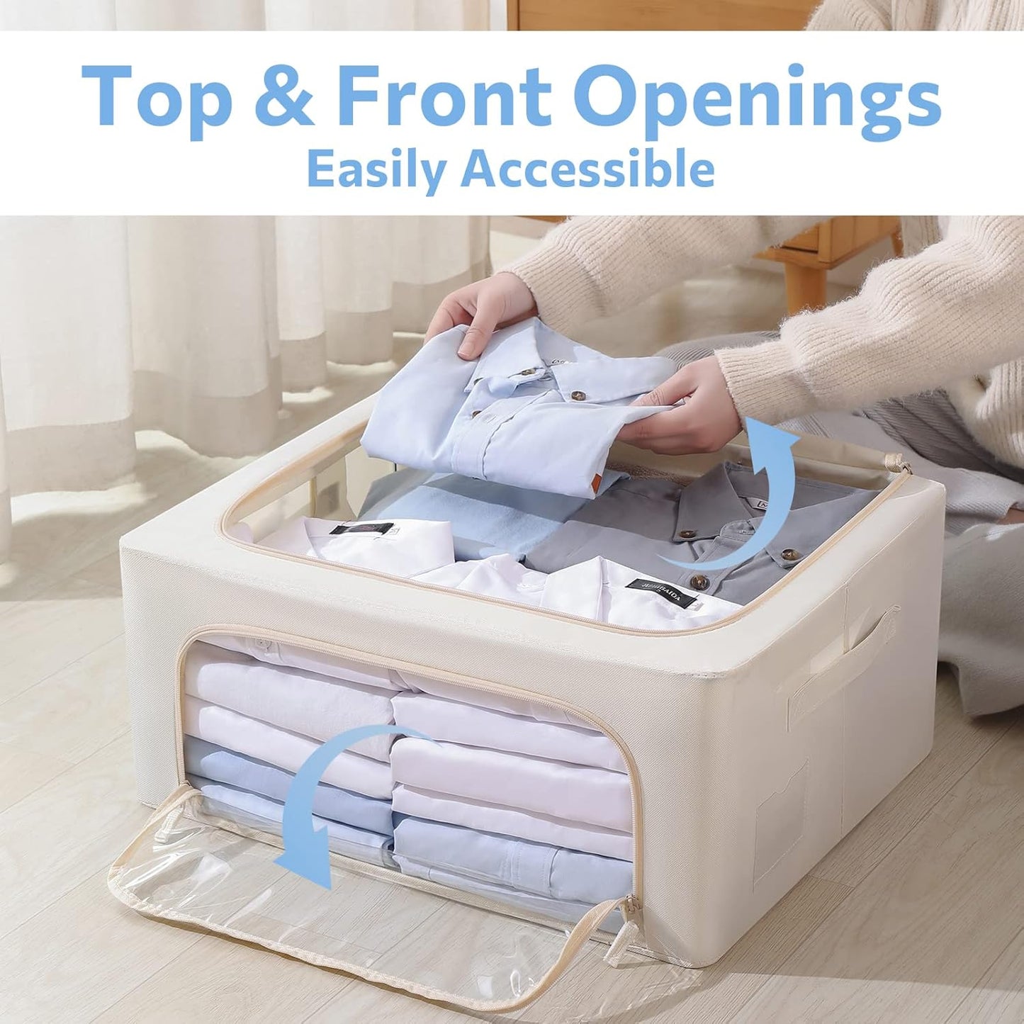 3Pack Frame Storage Box - Clothes Storage Bin Bags Oxford Fabric Foldable Stackable Container Organizer Set with Clear Window & Carry Handles (Beige, Medium-44L)