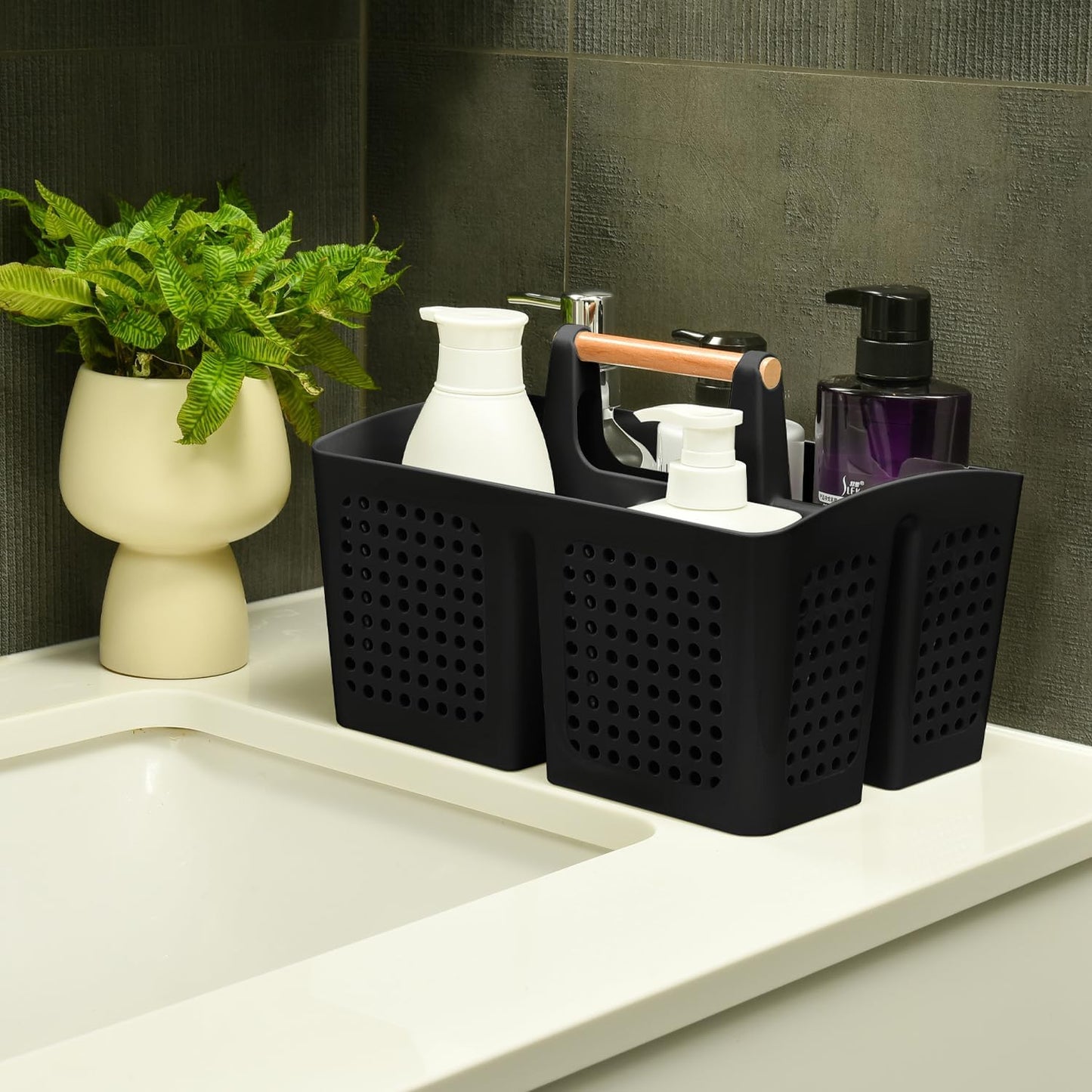 Portable Shower Caddy Basket with Compartments, Plastic Divided Cleaning Caddy Organizer Storage Tote with Handle for Bathroom, College, Dorm Room Essentials, Black