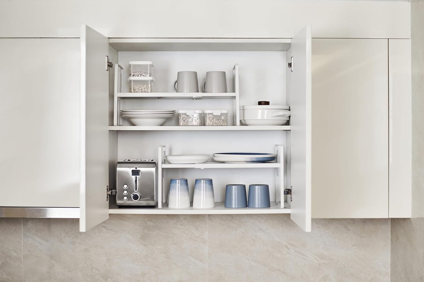 Nxconsu Cabinet Shelf Expandable Height Adjustable Shelf Organizer Riser for Kitchen Cabinet Pantry Cupboard Under Sink Countertop Organization Storage Space Saver Stackable Heavy Duty Metal White XXL