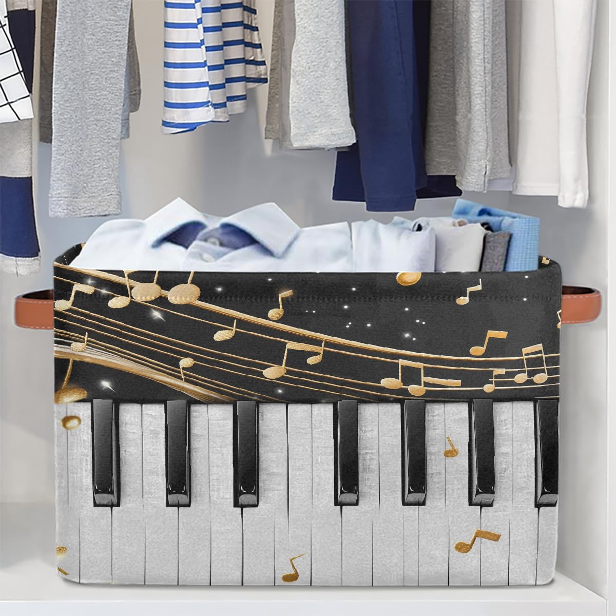 Music Notes Storage Basket for Shelves, Storage Bins with Handles, Collapsible Basket for Organizing, Closet Toy Baskets for Nursery Room, 15x11x9.5 in, Canvas, Musical Piano