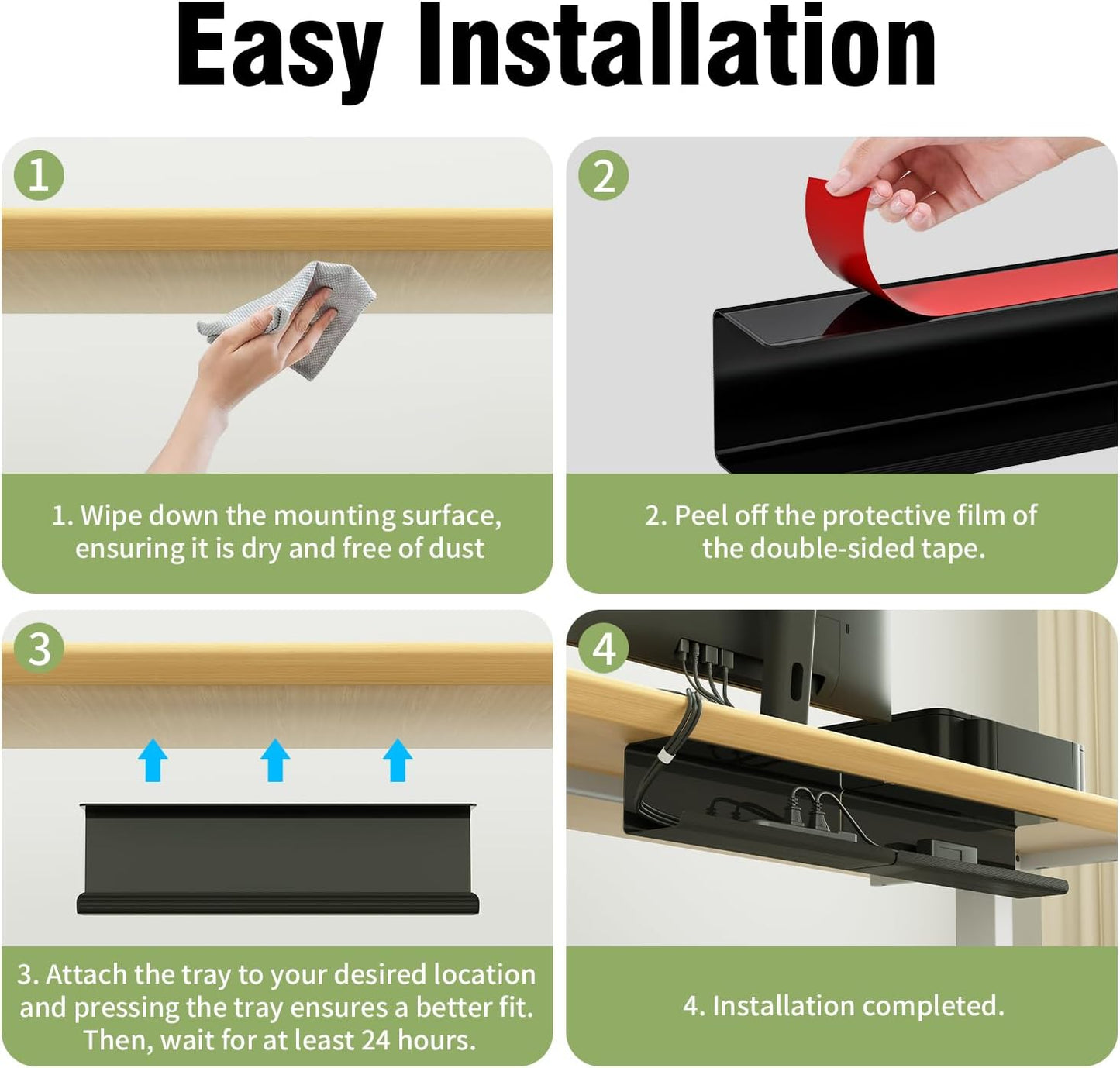 2 Pack No-Screw Cable Management Under Desk, Self-Adhesive Cord Organizer, Wire Management Tray for Office and Home (Black)
