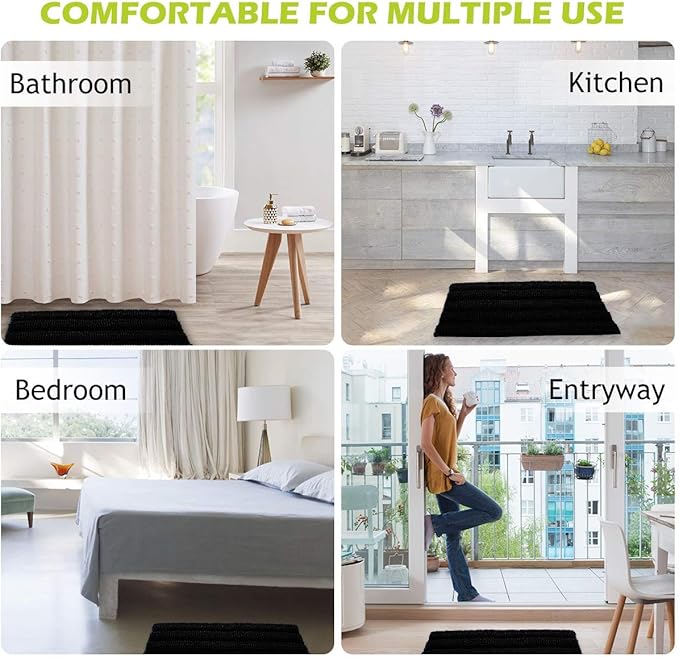 KGORGE Water Absorbent Bathroom Rugs - Black Bath Mat Non-Slip Thick Shaggy Floor Cover Quick Drying Shower Carpet for Toilet Shower Kitchen Gifts, 47 x 24