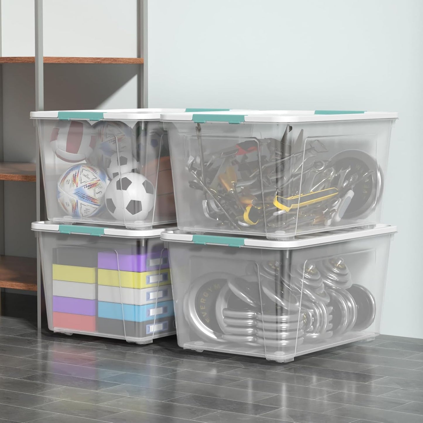 85 Quart Large Plastic Storage Bins, 4-Pack Clear Plastic Storage Box with Wheels