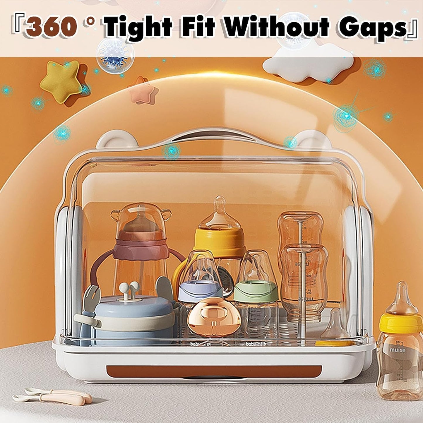 Baby Bottle Drying Rack Storage with 3 Brush, Nursing Bottle Storage Box Organizer with Cover, Portable Kitchen Cabinet Organizer, Durable countertop Dryer (Orange)