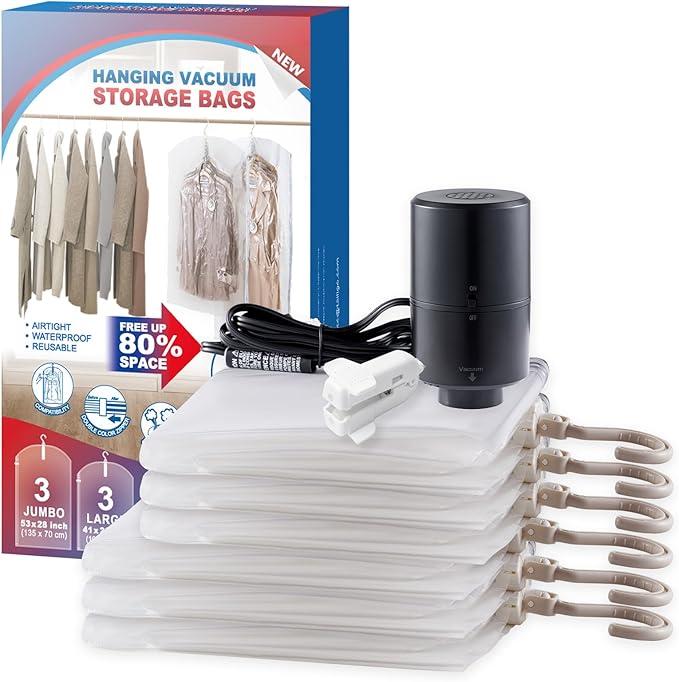 TAILI Hanging Vacuum Sealer Suction Space Saver Storage Bags for Clothes with Electric Air Pump and Rolling Slide Clip for Coats, Closet Organizers, 3 Long 3 Short