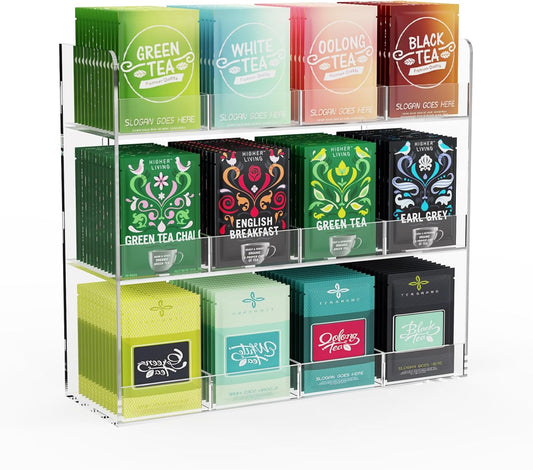 Acrylic Tea Bag Organizer, 3 Layers Tea Bag Holder for Tea Packets, No Assembly Required, Wall Mount Display Tea Caddy for Countertop or Cabinet, 12 Slots