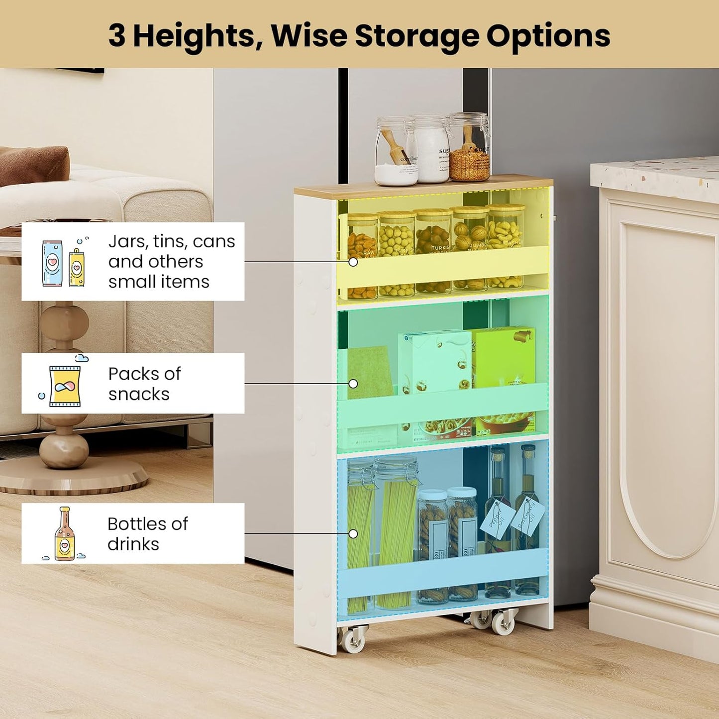 Small Kitchen Cart, 4-Tier Slim Rolling Island w/Handle, Laundry Room Storage Organizers Between Washer and Dryer, Narrow Spice Rack on Wheels Next to Fridge (White & Natural, 5'')