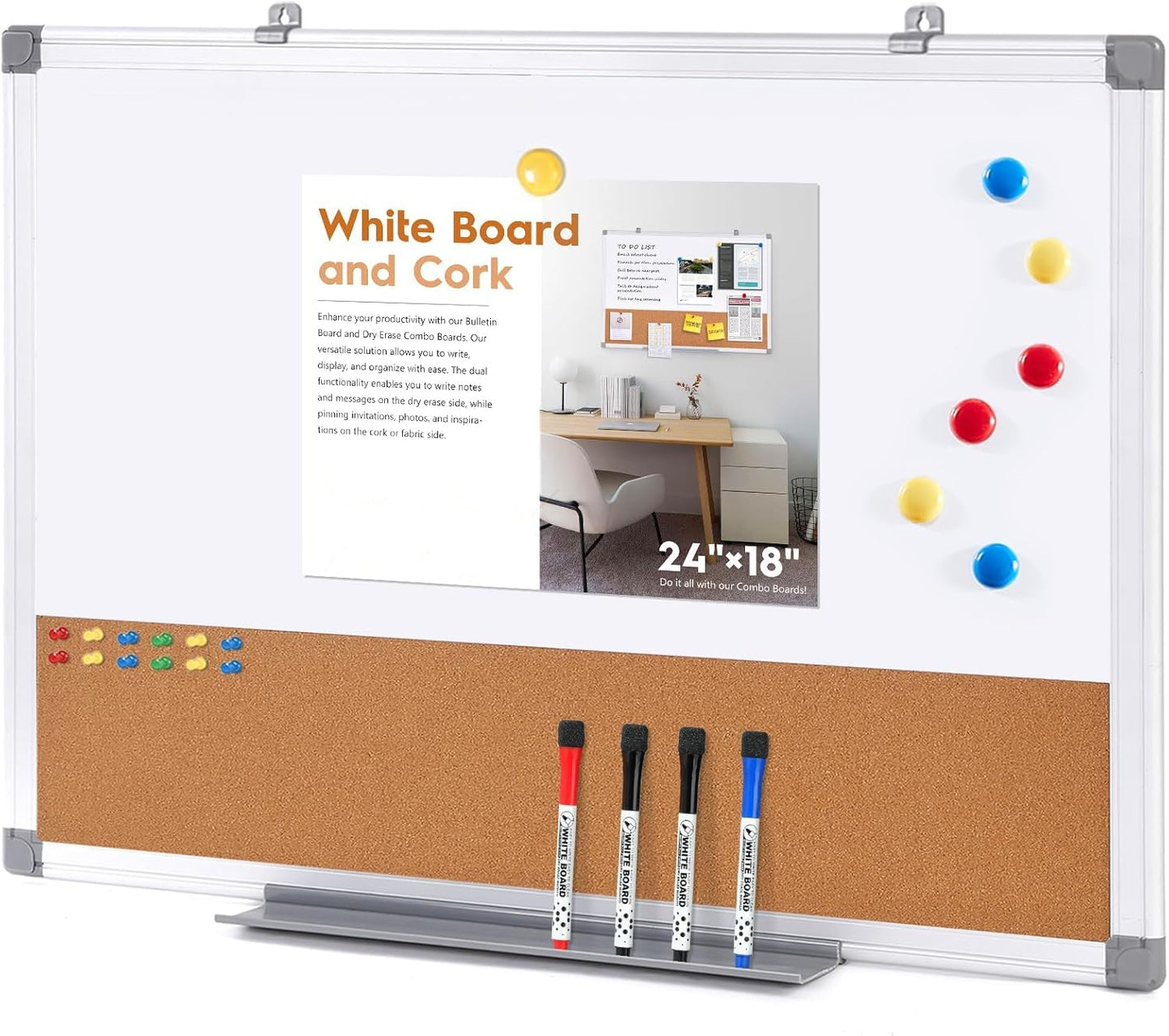 S SWANCROWN Dry Erase Board Cork Board Combo, Magnetic White Board and Bulletin Pin Board Combination,Hanging Wall Mounted Vision Board for Home, School, Office,Silver Frame,24"x18"
