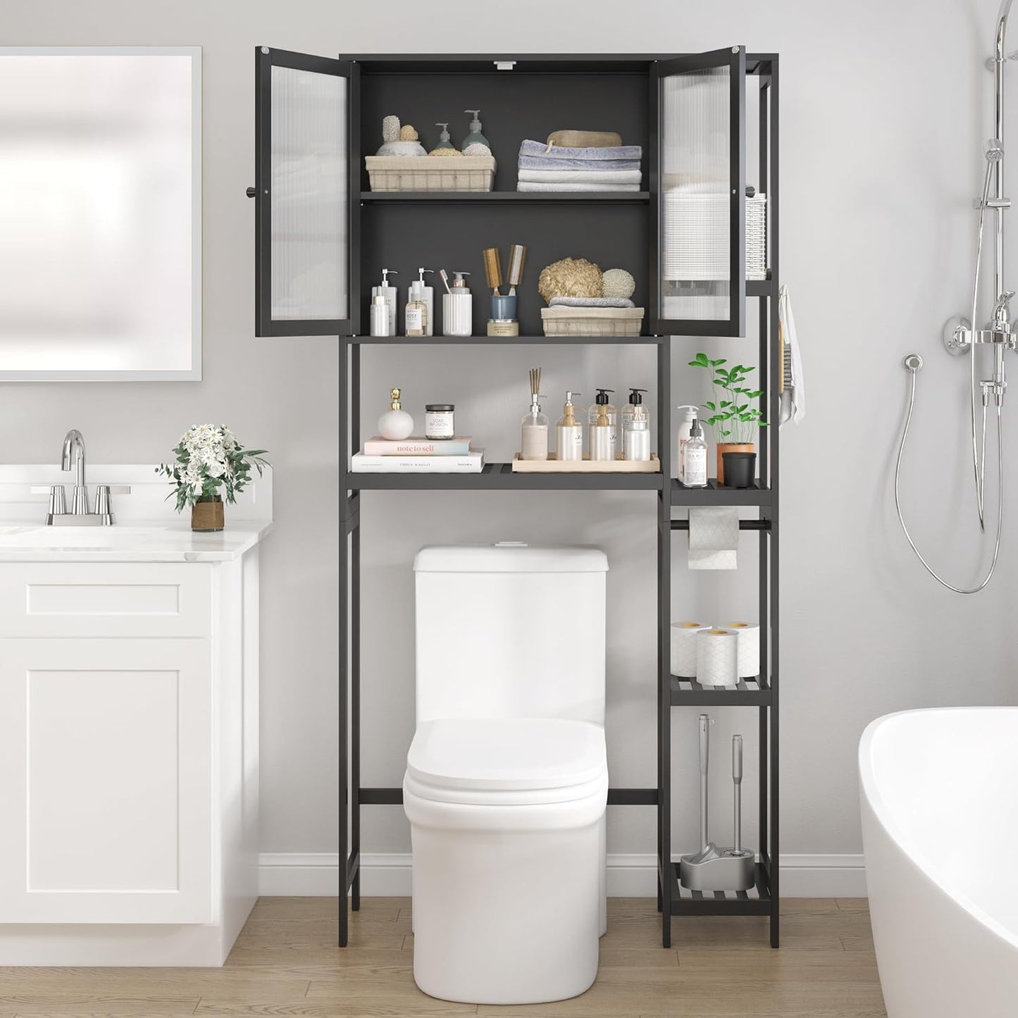 Over The Toilet Storage Cabinet Above Toilet Bathroom Organizer with Toilet Paper Holder Stand Bath Organizer with Adjustable Shelves & Acrylic Doors,Anti-Tip Device (Black)