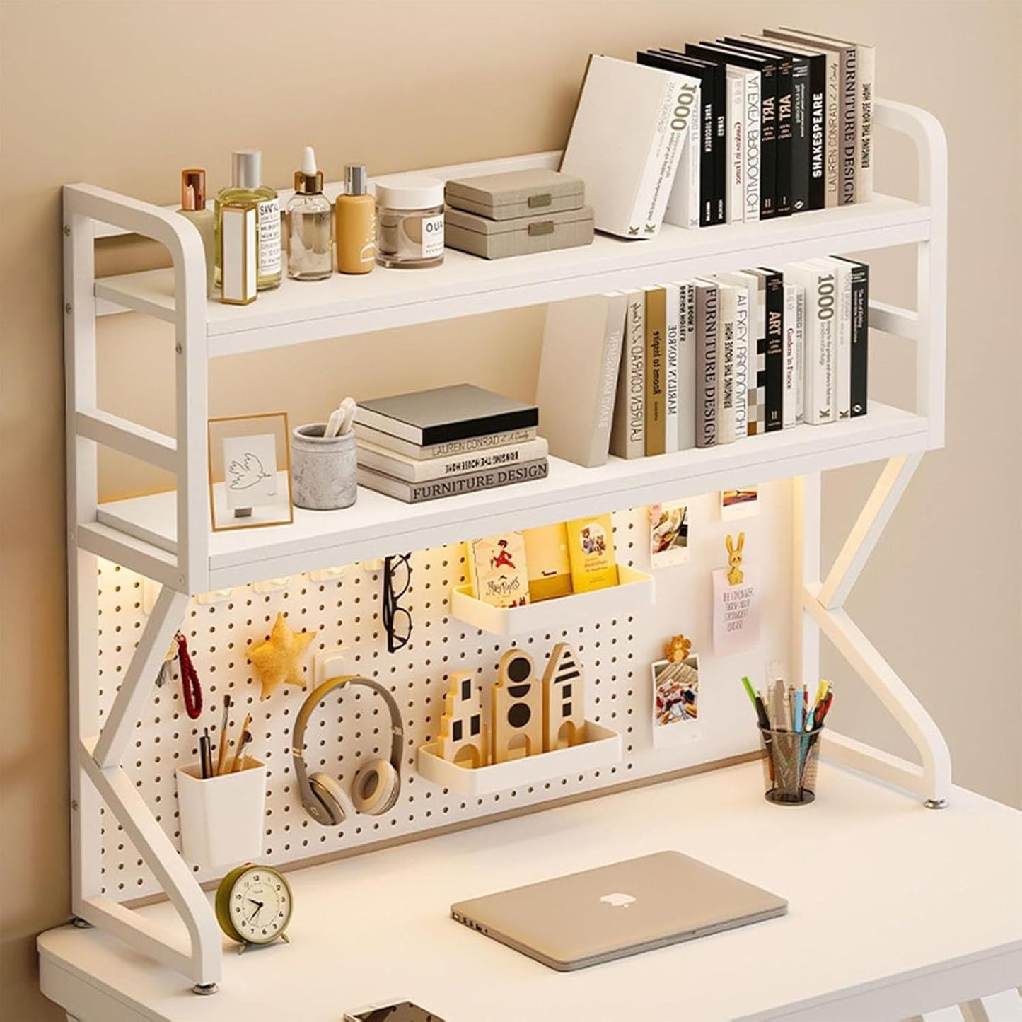 Modern Pegboard Storage Display Rack, Metal Desktop Organizer Rack,for Home Office Dorm Furniture Wood Hutch Bookcase