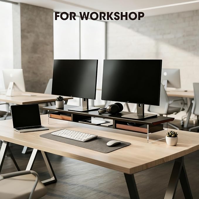 Fenge Acrylic Monitor Stand, 2 Tier Dual Monitor Riser with Solid Wood Drawers, 42.5 Inch Computer Stand for Two 27 Inch Monitors, Desk Shelf for PC, Laptop, Printer, TV, Black