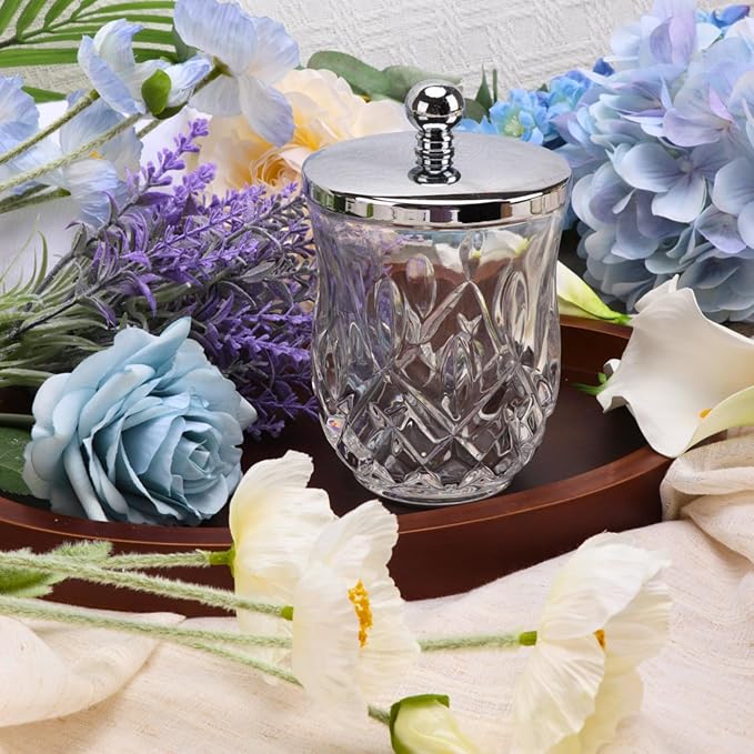 Qtip Holder,10 Oz Clear Glass Apothecary Jars with Silver Lids for Bathroom Organization & Desk Storage,Thick Glass Apothecary Jars for Q-Tips,Cotton Rounds, Jewelry,Candy,Round