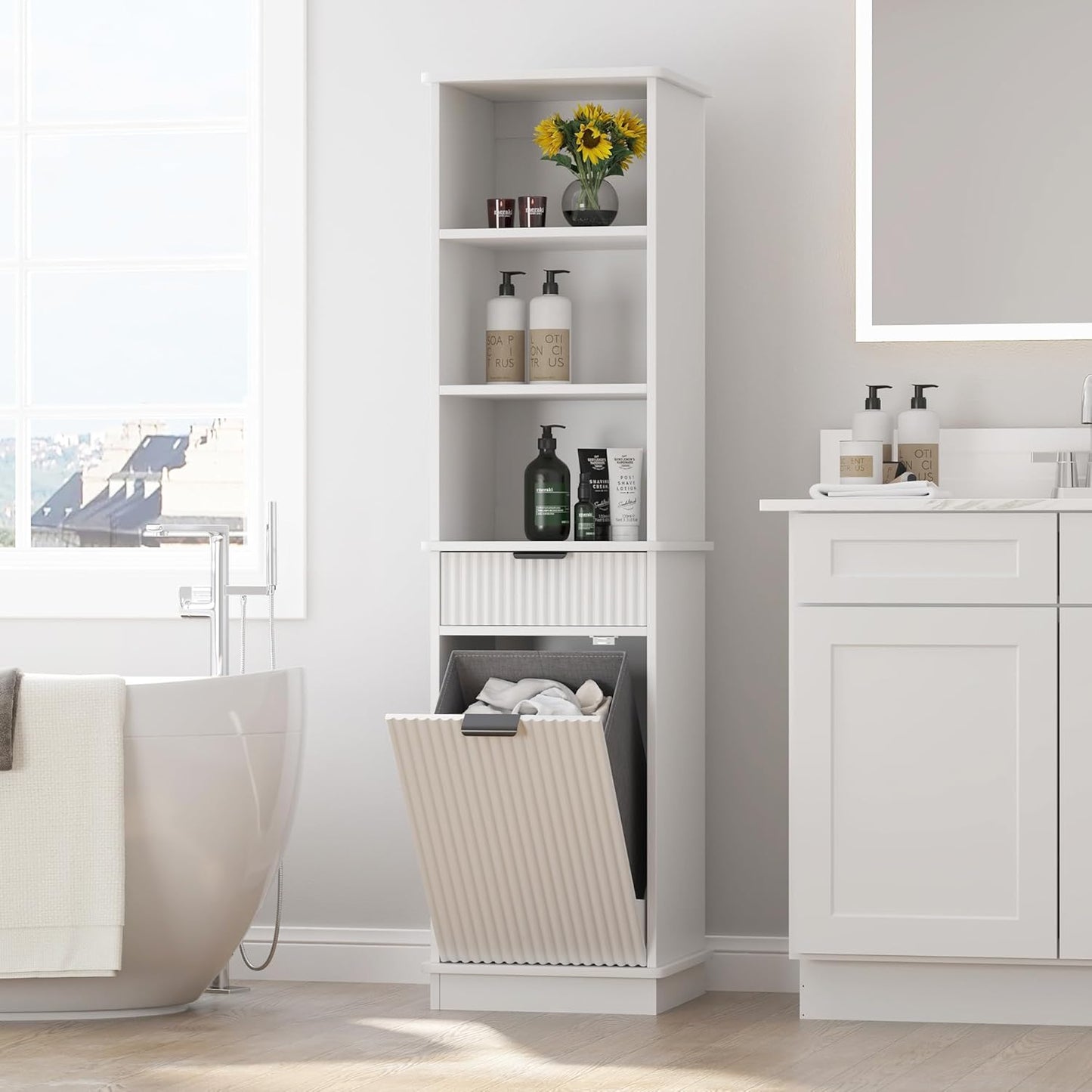 White Tilt Out Laundry Hamper Tall Bathroom Storage Cabinet Hidden Laundry Hamper Cabinet with Drawers and Baskets for Bathroom Hamper with Storage for Bedroom,16x16x59in