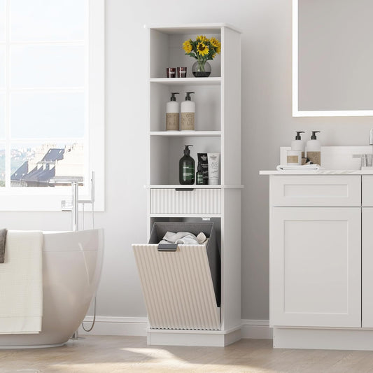 White Tilt Out Laundry Hamper Tall Bathroom Storage Cabinet Hidden Laundry Hamper Cabinet with Drawers and Baskets for Bathroom Hamper with Storage for Bedroom,16x16x59in