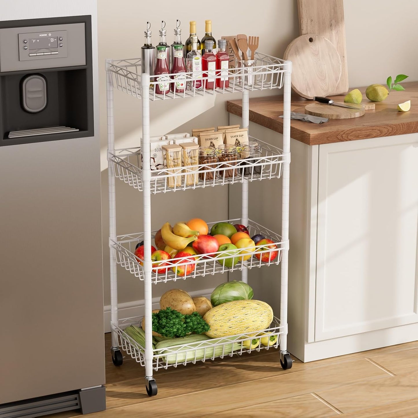 SINGAYE 4 Tier Basket Shelf Wire Shelving Unit Adjustable Storage Shelves Big Basket Rack for Garage Kitchen Office Pantry Corner 17" Dx12 Wx50 H White