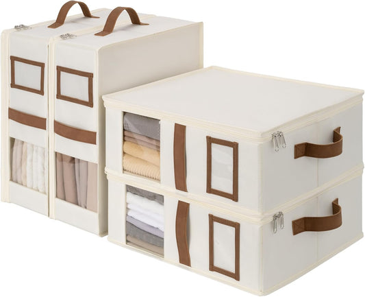 StorageWorks 4-Pack Bed Sheet Organizers and Storage, Foldable Bedsheet Holder for Linen Closet, Bedding Container with Handle, Beige, 15" D x 12¾"W x 5½"H