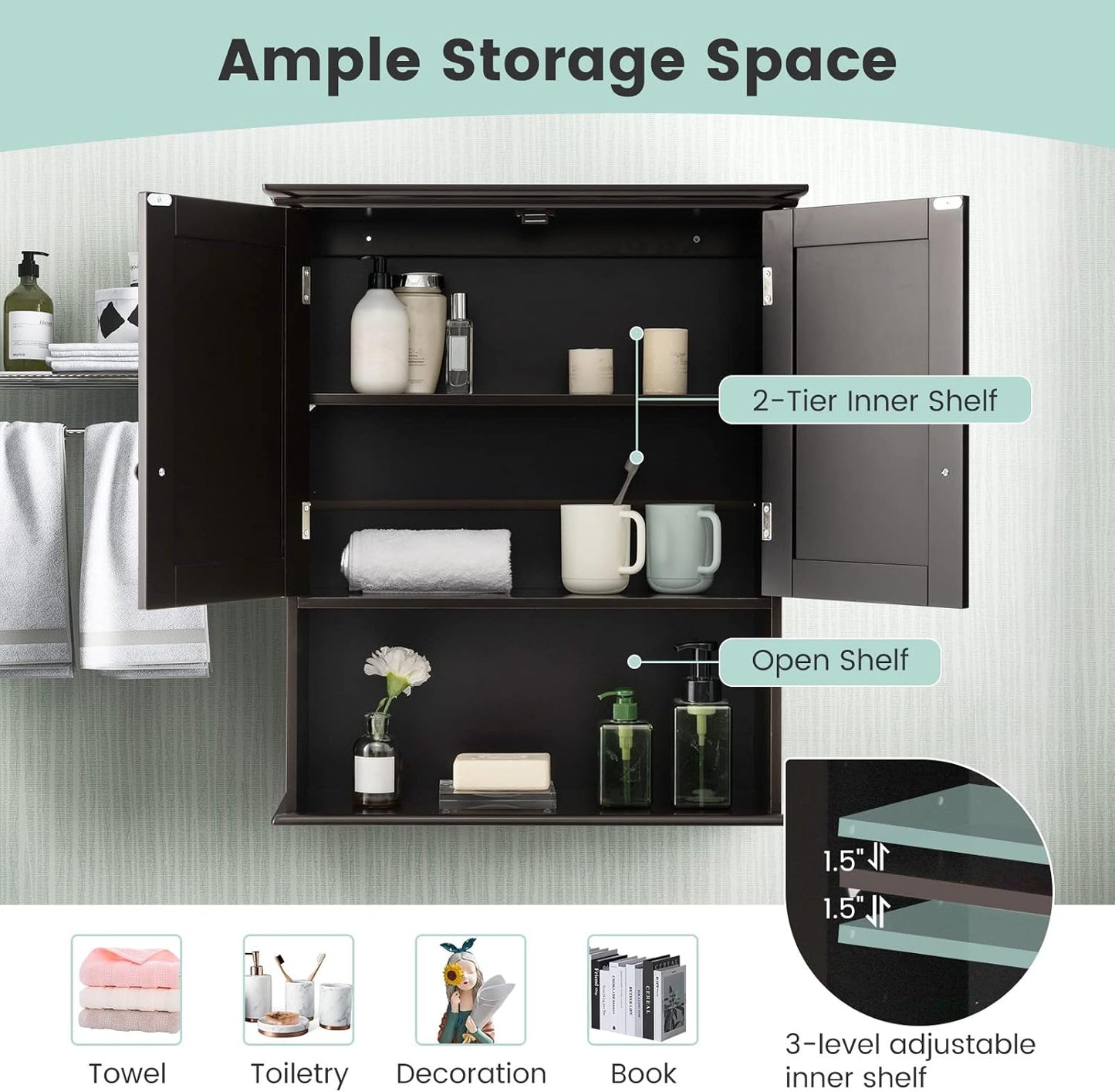 Giantex Medicine Cabinets, Wall Mounted Bathroom Cabinet with Adjustable Shelf, 2-Door, Bathroom Storage Cabinet Over The Toilet, Living Room, Kitchen, Laundry Room, Cupboard (Espresso)