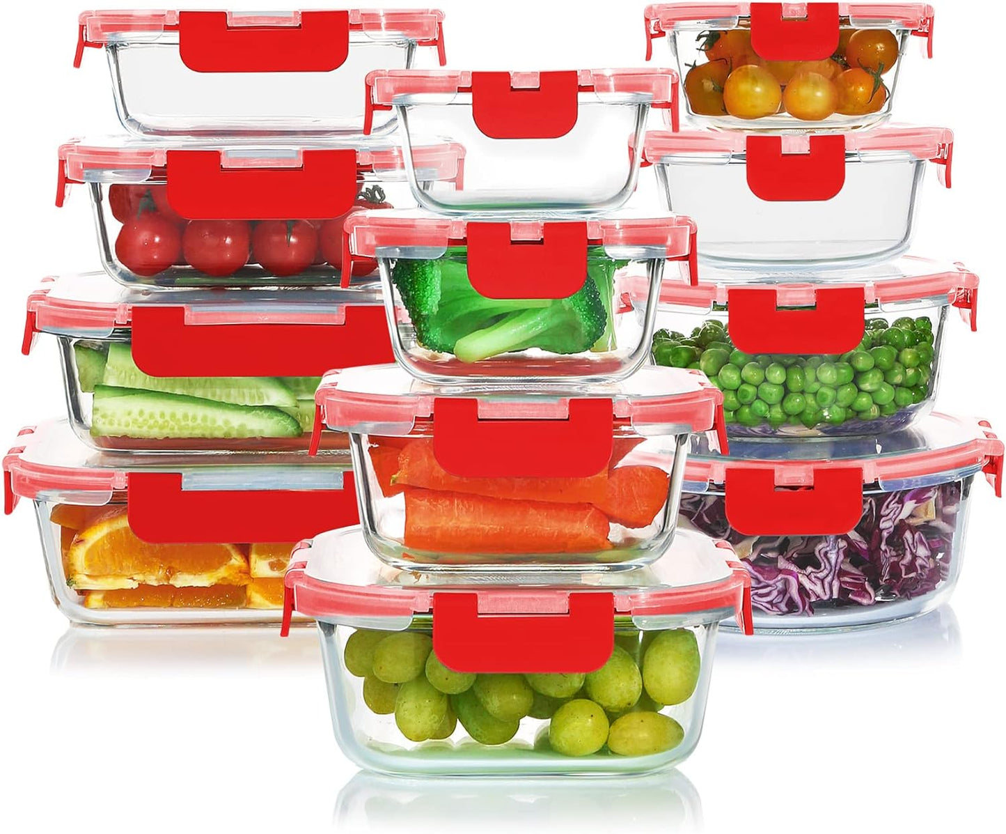 KOMUEE 24 Pieces Glass Food Storage Containers Set, Meal Prep Containers-Stackable Airtight Glass Storage Containers with lids,Freezer, Microwave, Oven Safe,Red